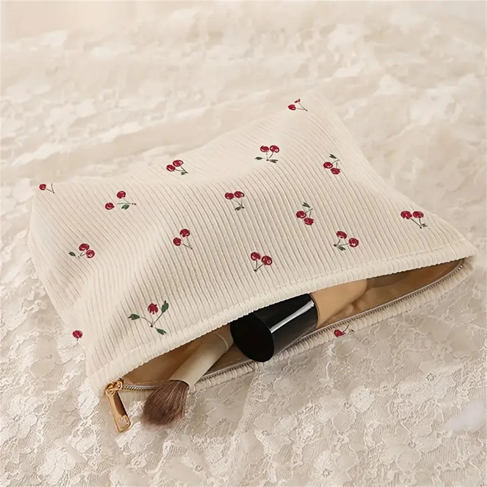 Cherry Corduroy Drawstring Makeup Bag
