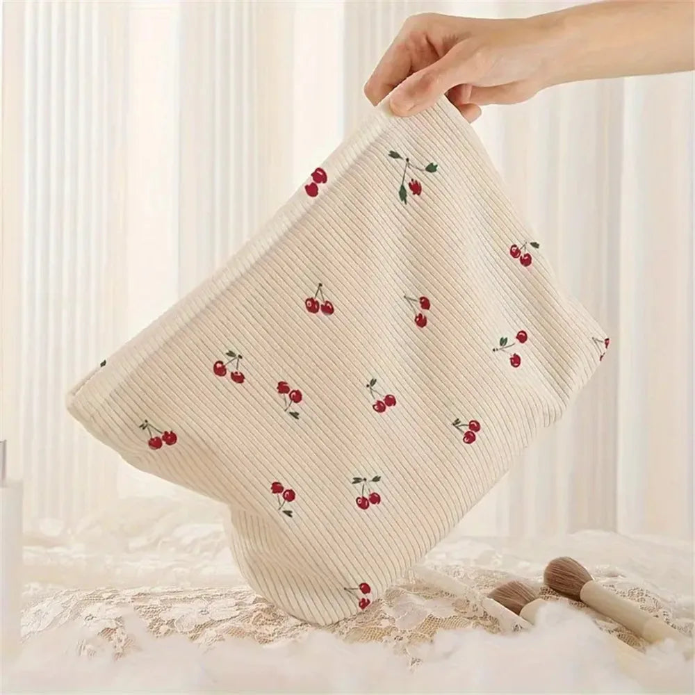 Cherry Corduroy Drawstring Makeup Bag