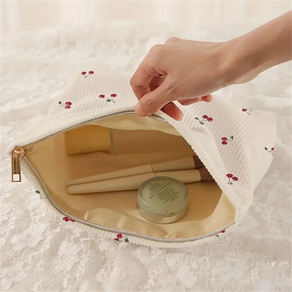 Cherry Corduroy Drawstring Makeup Bag