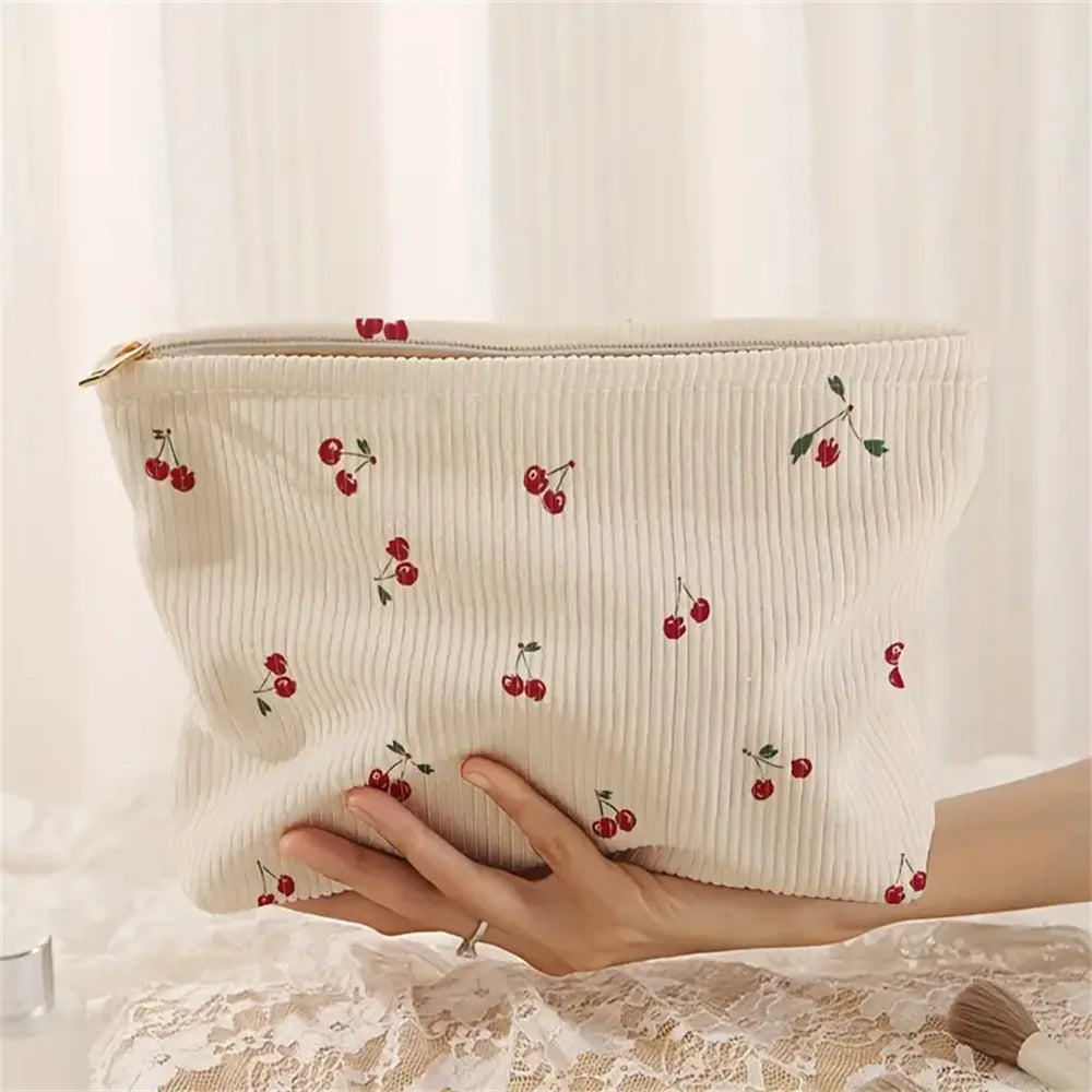 Cherry Corduroy Drawstring Makeup Bag