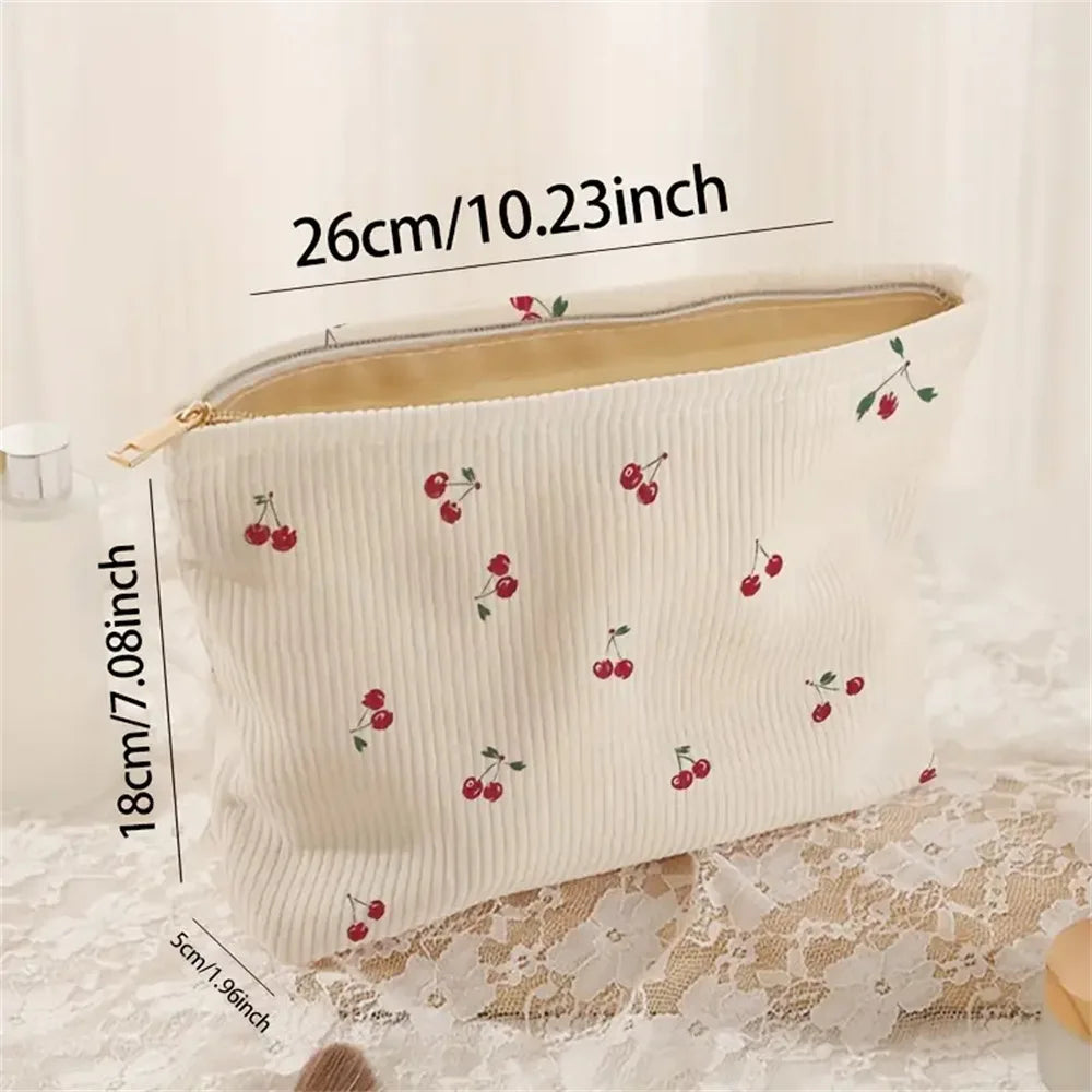 Cherry Corduroy Drawstring Makeup Bag